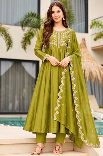 Olive silk blend embroidered anarkali set