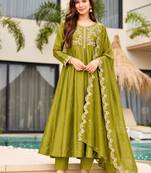 Olive silk blend embroidered anarkali set