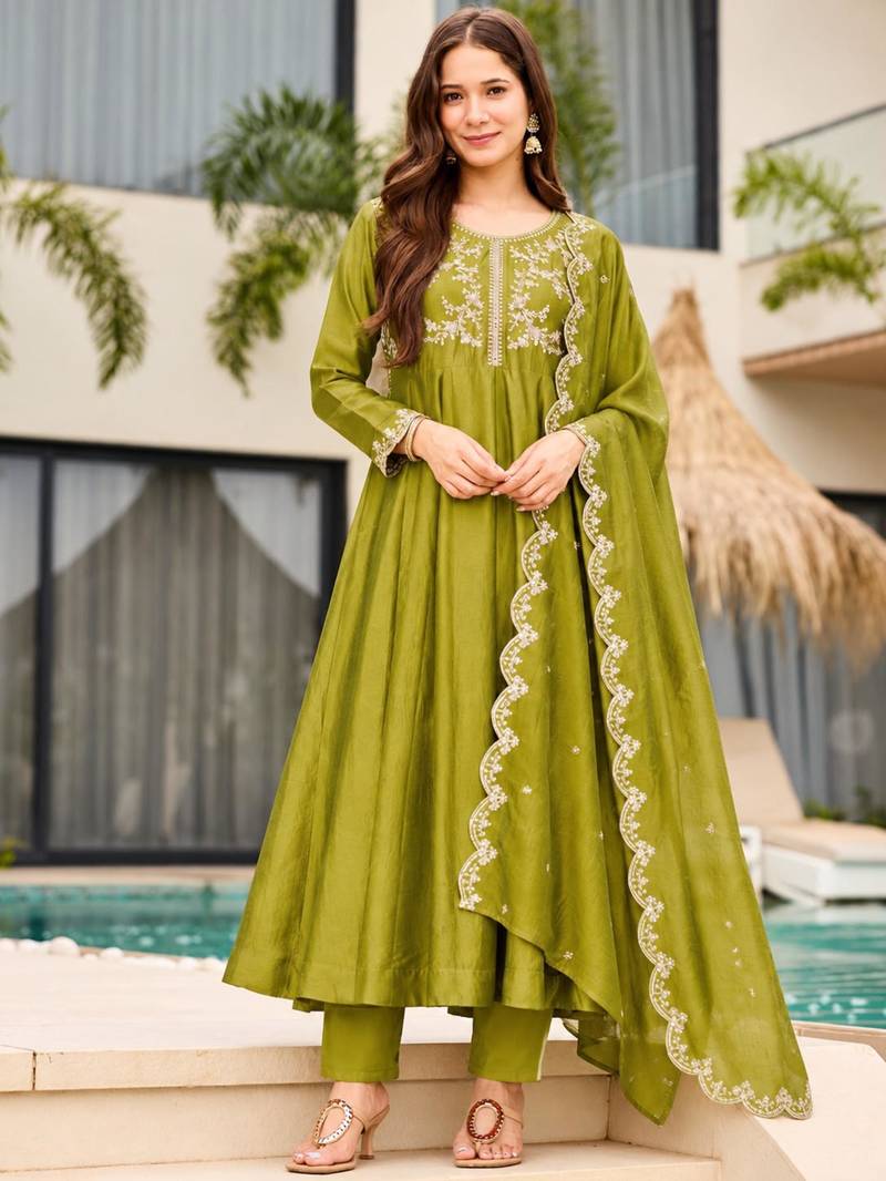 Olive silk blend embroidered anarkali set