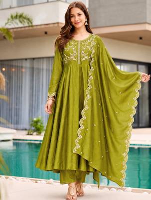 Olive silk blend embroidered anarkali set 2
