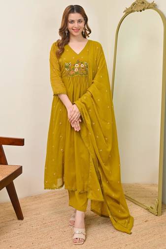 Mustard chanderi embroidered anarkali set