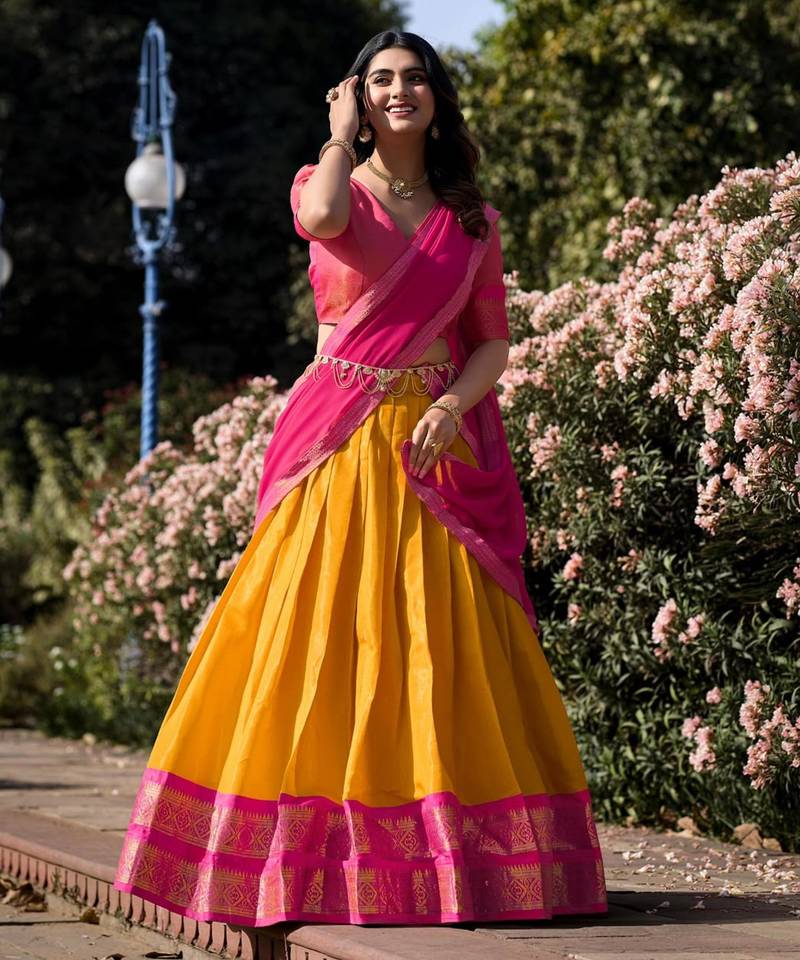 yellow silk blend woven traditional lehenga choli