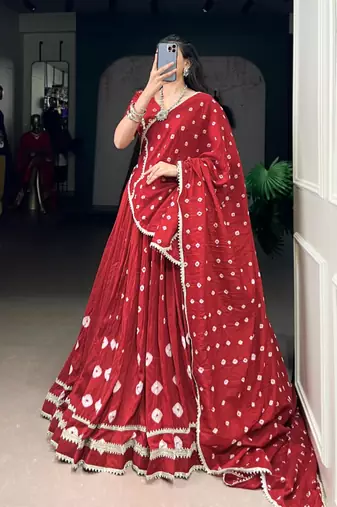 red chanderi printed traditional lehenga choli upto 42