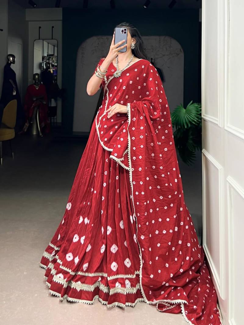 red chanderi printed traditional lehenga choli upto 42