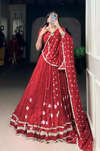 red chanderi printed traditional lehenga choli upto 42