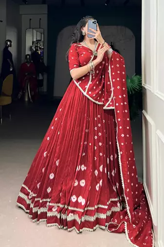 red chanderi printed traditional lehenga choli upto 42