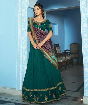 teal green silk blend embroidered traditional lehenga choli 1