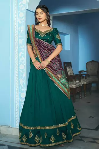 teal green silk blend embroidered traditional lehenga choli