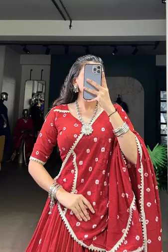 red chanderi printed traditional lehenga choli upto 42