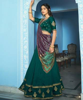 teal green silk blend embroidered traditional lehenga choli 2