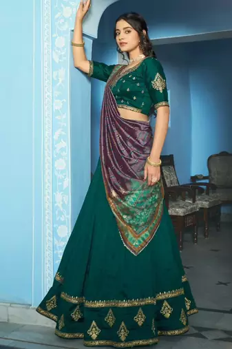 teal green silk blend embroidered traditional lehenga choli