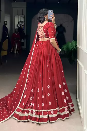 red chanderi printed traditional lehenga choli upto 42