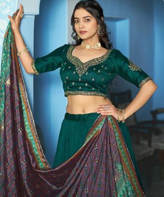 teal green silk blend embroidered traditional lehenga choli 3