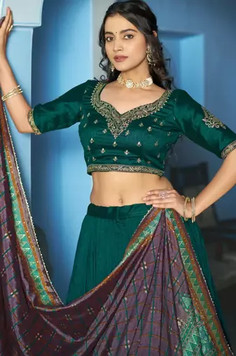 teal green silk blend embroidered traditional lehenga choli