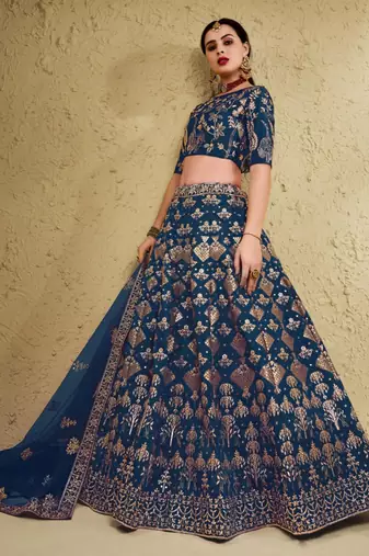 teal blue silk blend embroidered traditional lehenga choli upto 43