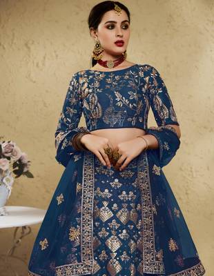 teal blue silk blend embroidered traditional lehenga choli upto 43 2