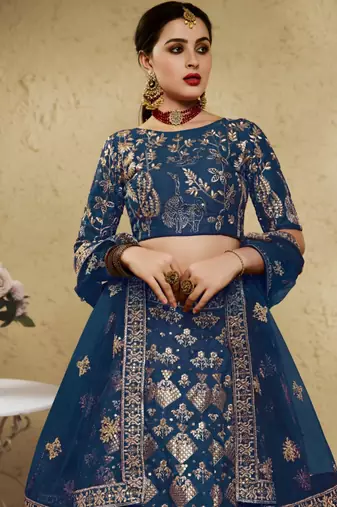 teal blue silk blend embroidered traditional lehenga choli upto 43