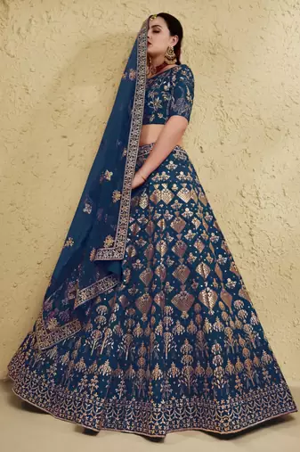 teal blue silk blend embroidered traditional lehenga choli upto 43