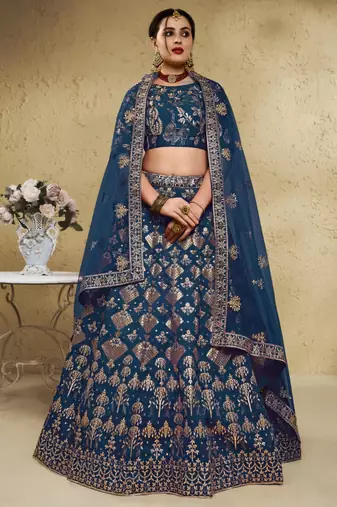 teal blue silk blend embroidered traditional lehenga choli upto 43