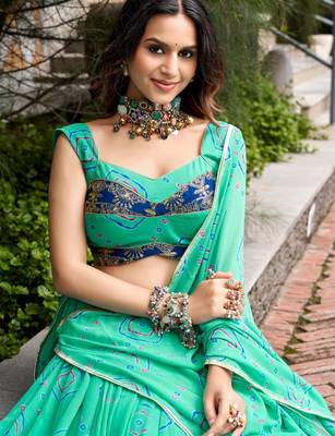 sea green cotton poly printed traditional lehenga choli upto 42 2