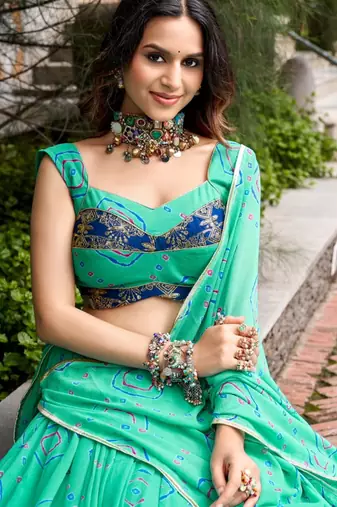 sea green cotton poly printed traditional lehenga choli upto 42