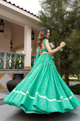 sea green cotton poly printed traditional lehenga choli upto 42