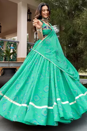 sea green cotton poly printed traditional lehenga choli upto 42