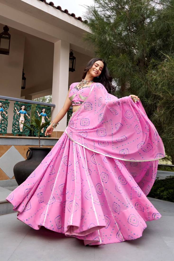 pink cotton poly printed traditional lehenga choli upto 42