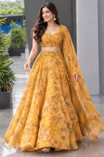 yellow organza printed traditional lehenga choli upto 42