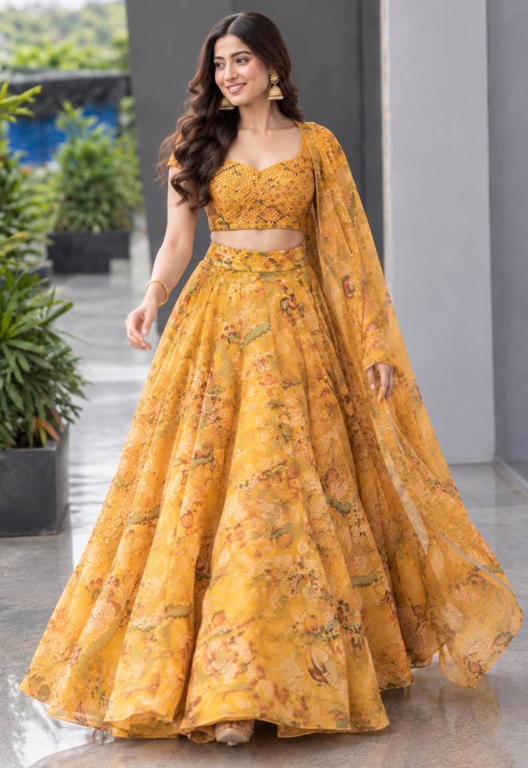 yellow organza printed traditional lehenga choli upto 42