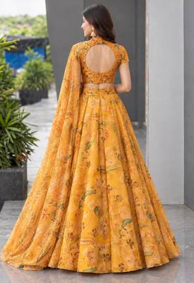 yellow organza printed traditional lehenga choli upto 42 2
