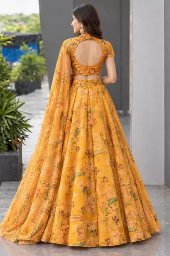 yellow organza printed traditional lehenga choli upto 42