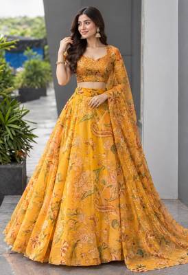 yellow organza printed traditional lehenga choli upto 42 3