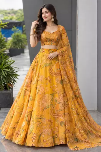 yellow organza printed traditional lehenga choli upto 42