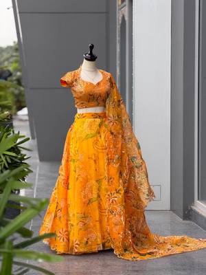 yellow organza printed traditional lehenga choli upto 42 4