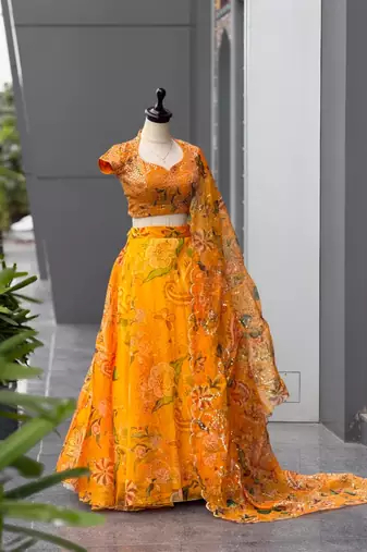 yellow organza printed traditional lehenga choli upto 42