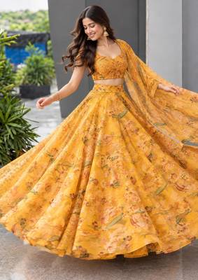yellow organza printed traditional lehenga choli upto 42 5
