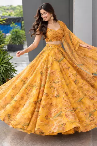 yellow organza printed traditional lehenga choli upto 42