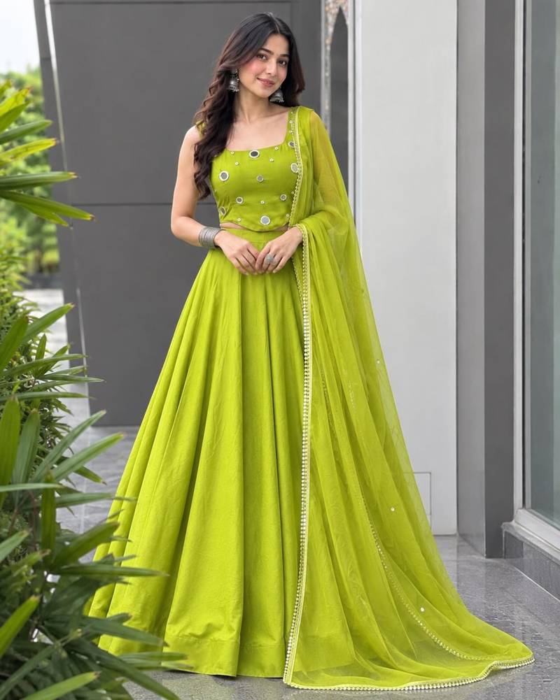green cotton poly embroidered traditional lehenga choli upto 42