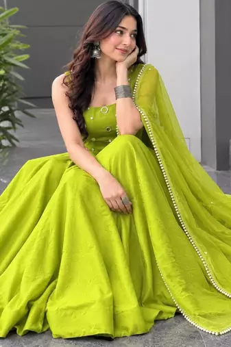 green cotton poly embroidered traditional lehenga choli upto 42