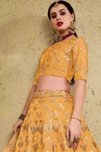 yellow silk blend embroidered traditional lehenga choli upto 43