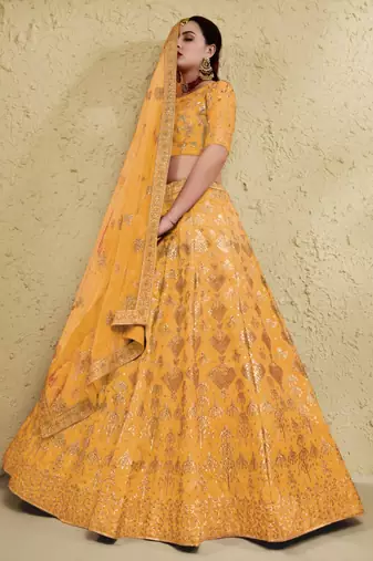 yellow silk blend embroidered traditional lehenga choli upto 43