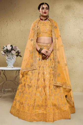 yellow silk blend embroidered traditional lehenga choli upto 43