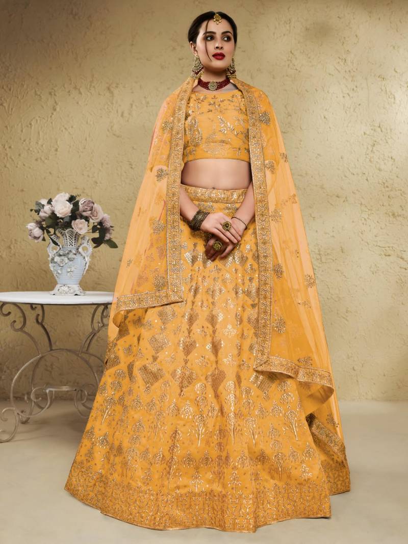 yellow silk blend embroidered traditional lehenga choli upto 43