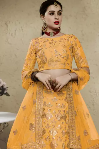 yellow silk blend embroidered traditional lehenga choli upto 43