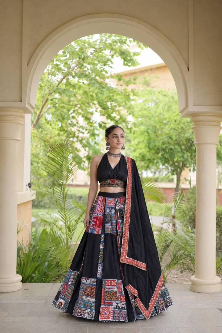 black crepe printed traditional lehenga choli upto 43