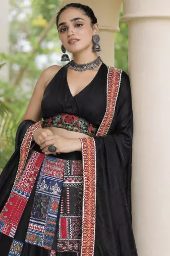 black crepe printed traditional lehenga choli upto 43