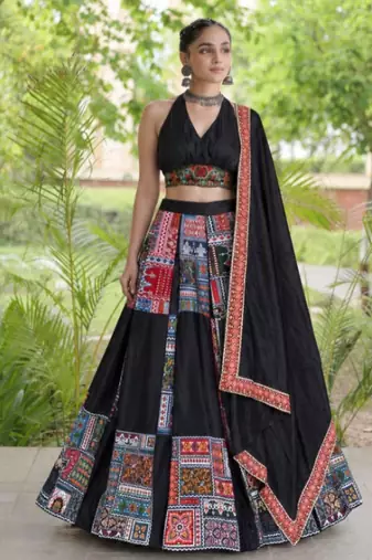 black crepe printed traditional lehenga choli upto 43