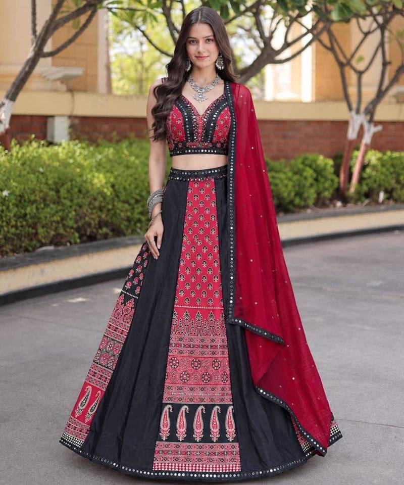 black crepe printed traditional lehenga choli upto 43