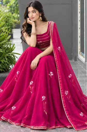 magenta georgette hand painted traditional lehenga choli upto 42